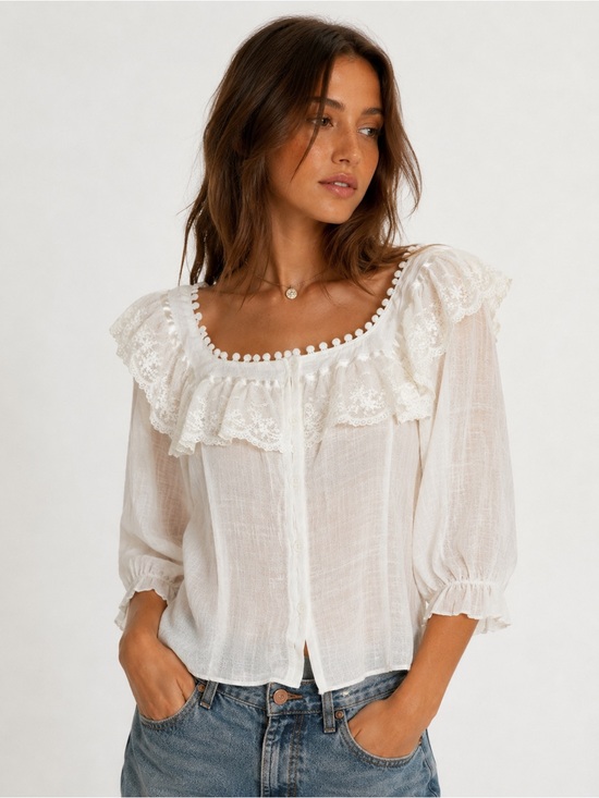 Rebellion Tops - Rebellion White Lace Ruffle Button-Front Blouse